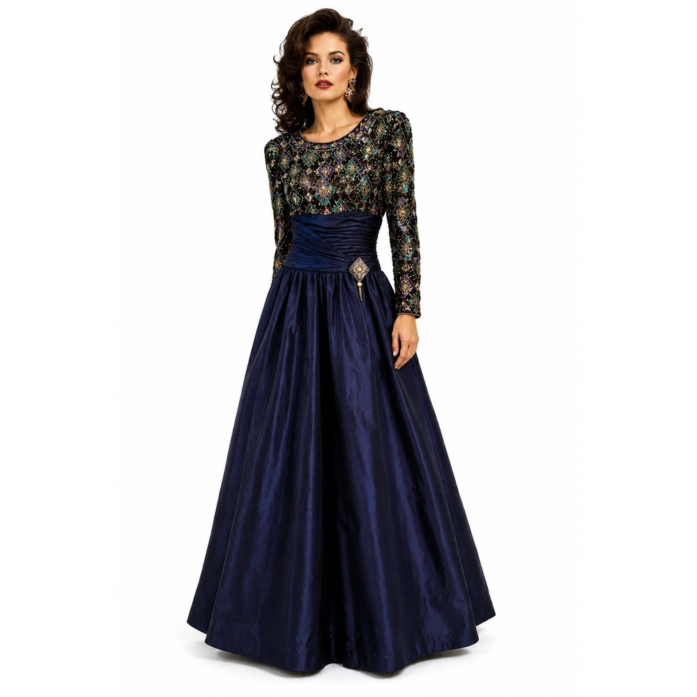 80's George F Couture Beaded Taffeta Evening Gown Vintage Formal Dress Size 8